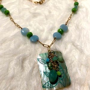 Handcrafted green, blue and gold necklace